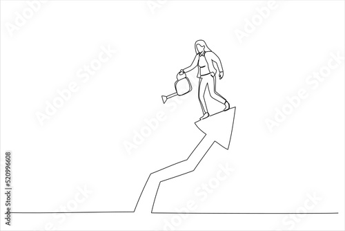 Drawing of businesswoman pouring water with care to grow company growth arrow. Grow business increase profit. Single line art style