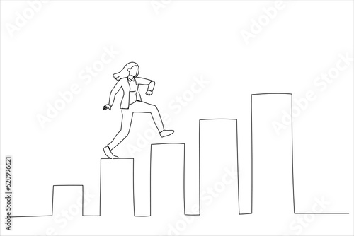 Illustration of confidence businesswoman step walking up stair of success with rising up arrow. Improvement or career growth. One line style art