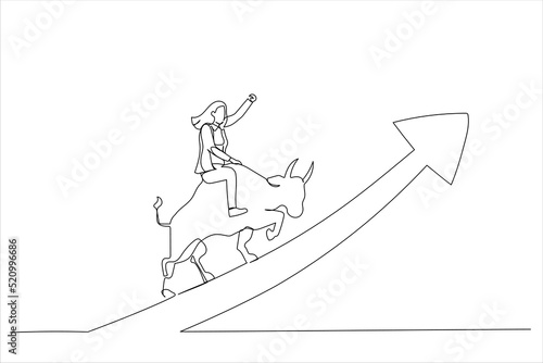 Cartoon of confident businesswoman investor riding bull running on rising up upward green graph. Stock market bull market. Single continuous line art style