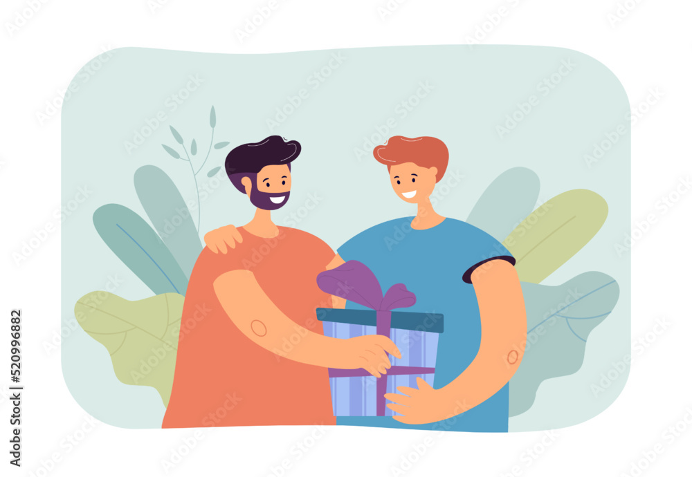 Cartoon man hugging and giving gift box to husband. Happy gay couple holding birthday present flat vector illustration. Family, birthday, celebration concept for banner, website design or landing page