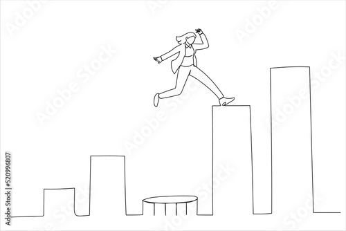 Illustration of strong businesswoman jumping from trampoline back to top of growing bar graph. Business challenge, revenue recover. One line art style
