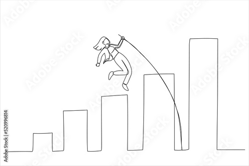 Drawing of businesswoman jumping pole vault over growth bar graph. Business growth, improvement. Single line art style