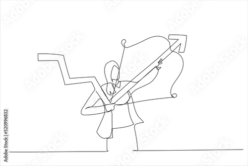 Illustration of confidence businesswoman federal reserve turn down trend graph to be rising up with his bow. Inflation rising up concept. One line art style