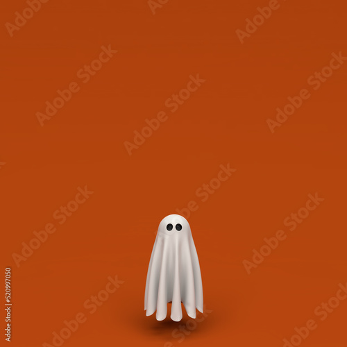 Cute floating Halloween ghost on orange background with copy space. Minimal modern design  3D illustration rendering 