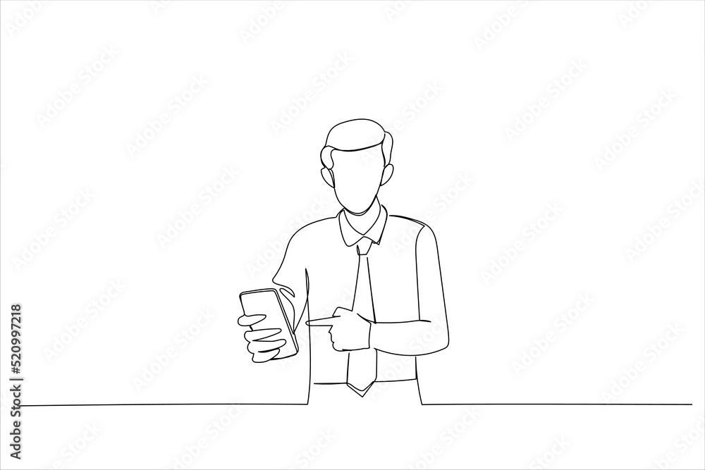 Cartoon of young man pointing finger at mobile phone. Single continuous line art style
