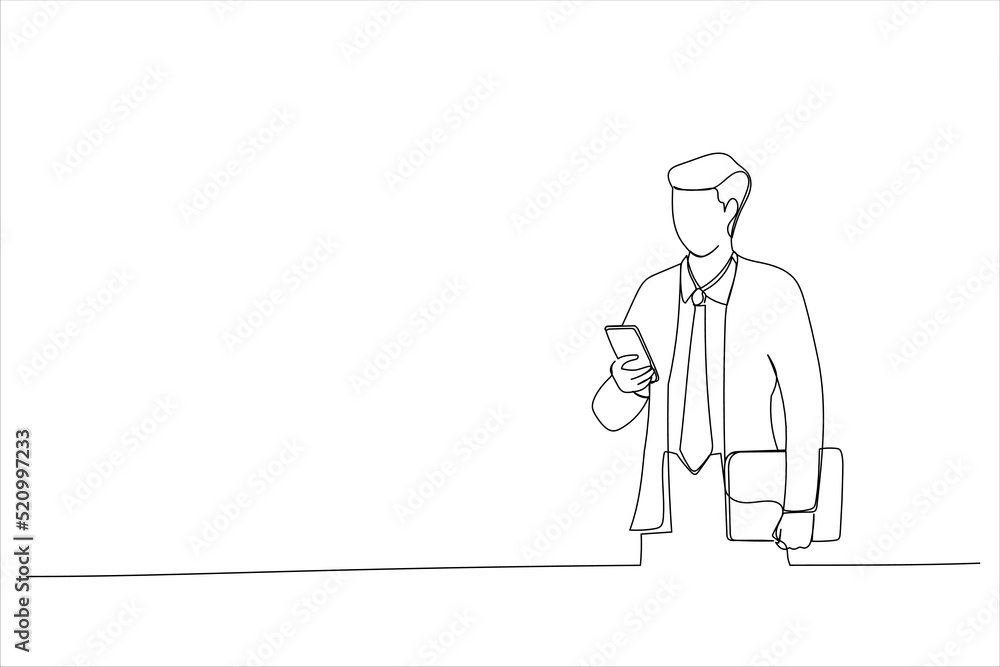 Drawing of young businessman holding his laptop while using his phone and standing on the street. Single line art style