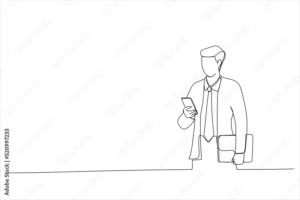 Drawing of young businessman holding his laptop while using his phone and standing on the street. Single line art style Drawing of young businessman holding his laptop while using his phone and standing on the street. Single line art style