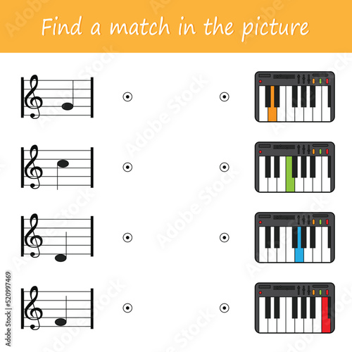 Game for children. Learning notes. Find a match in the pictures. The development of intelligence in preschool children. Vector illustration