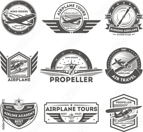 Airplane vintage isolated label set vector illustration. Wind riders show and best pilot symbols. Airplane academy and flying club sign. Air travel and plane tours logo. Propeller aircrafts concept