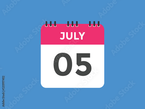 july 5 calendar reminder. 5th july daily calendar icon template. Vector illustration 
