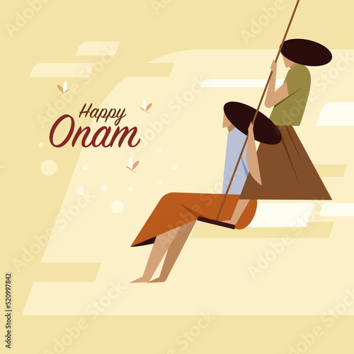 Two girls together swinging in a swig the outdoor. Concept for Onam festival of Kerala, India