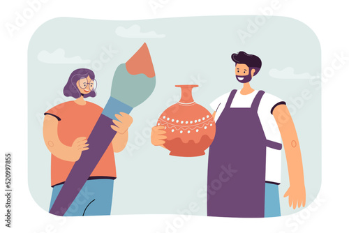 Woman holding big paintbrush and man with pot. Girl in workshop for ceramics or pottery masterclass flat vector illustration. Pottery, hobby concept for banner, website design or landing web page