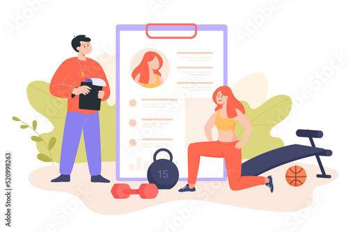 Personal trainer and woman exercising in gym. Coach training fit girl, equipment for physical activities flat vector illustration. Healthy lifestyle, fitness concept for banner or landing web page