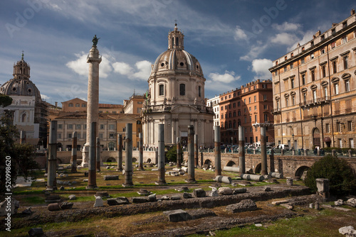 Trajan’s column surrounded by the ruins of the Trajan’s Forum in the Roman Imperial Fora 