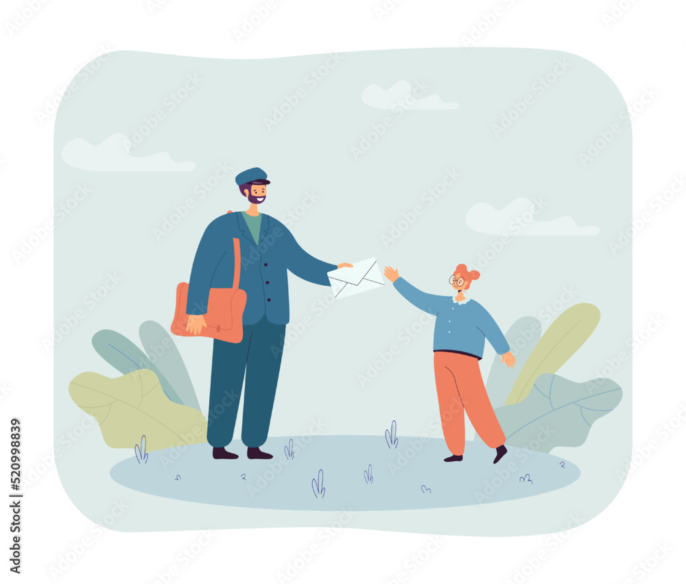 Cartoon postman giving letter to little girl. Man in uniform delivering envelope to child flat vector illustration. Mail, correspondence, delivery service concept for banner or landing web page Cartoon postman giving letter to little girl. Man in uniform delivering envelope to child flat vector illustration. Mail, correspondence, delivery service concept for banner or landing web page