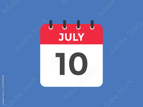 july 10 calendar reminder. 10th july daily calendar icon template. Vector illustration 