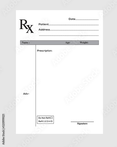 Rx pad template. Medical regular prescription form.