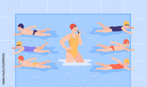 Professional coach training kids in swimming pool. Children learning swimming during class, swimmers exercising flat vector illustration. Swimming, competition, childhood concept for banner