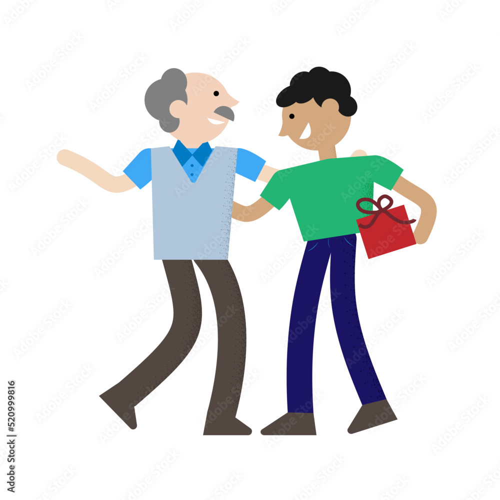adult father and son meeting and exchanging father's day gifts. happiness, joy, young and old characters. adult father and son meeting and exchanging father's day gifts. happiness, joy, young and old characters.