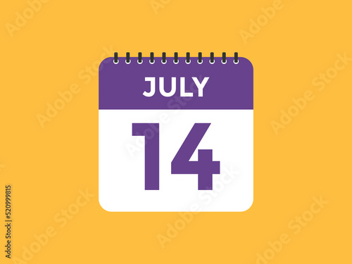 july 14 calendar reminder. 14th july daily calendar icon template. Vector illustration 
