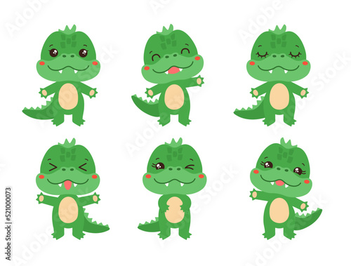 Cartoon croocodile kawaii style emoji. Fun crocodile character set various emotions. Kawaii animal facial expressions - calm, happy, laughing, smiling, waving, winking. Cute crocodile chibi style.