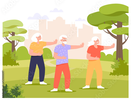 Group of old people doing Tai Chi or Qigong exercises outdoors. Elderly persons or seniors stretching, doing yoga or Pilates in park flat vector illustration. Fitness, wellness, sports, health concept