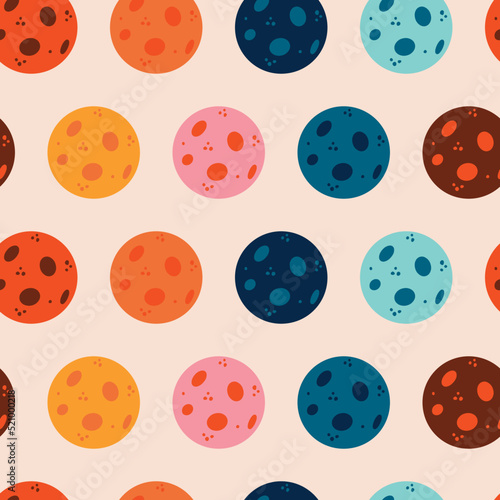 Colorful moon seamless pattern in pink  orange  blue  turquoise  yellow and brown. Vector geometric illustration for science and sky lovers. More designs available in my vintage retro space