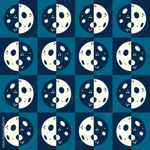 Retro moon phases - Square checks seamless pattern in blue and beige. Vector geometric illustration for science and sky lovers. More designs available in my vintage retro space exploration surface