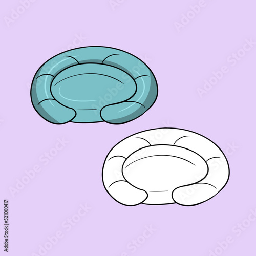A set of pictures, a blue pillow-litter for dogs, a comfortable soft chaise longue, a vector in cartoon style