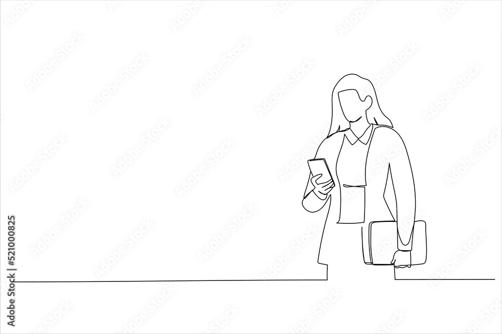 Drawing of young businesswoman holding his laptop while using his phone and standing on the street. Single line art style Drawing of young businesswoman holding his laptop while using his phone and standing on the street. Single line art style