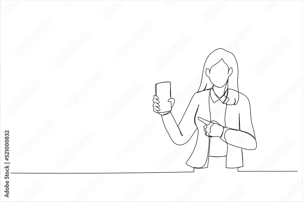 Cartoon of seller recommending to buy new digital gadget device. Single continuous line art style Cartoon of seller recommending to buy new digital gadget device. Single continuous line art style