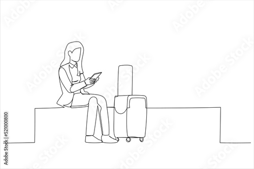 Drawing of young woman waiting and using mobile phone at the airport. Single line art style
