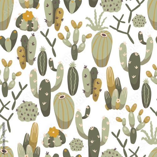 Green Boho Cactus Plants Vector Seamless Pattern
