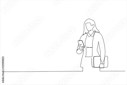 Drawing of young businesswoman holding his laptop while using his phone and standing on the street. Single line art style