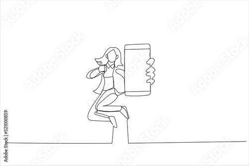 Cartoon of woman jumping on air, pointing at cellphone with empty screen. Continuous line art