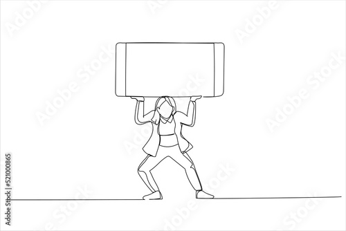 Illustration of woman is balancing a giant cell smart phone over his head that has a blank screen for your images and text. One line style art