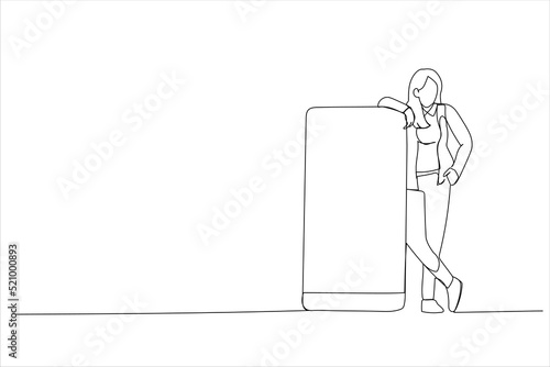 Drawing of casual woman standing and leaning on huge giant cell phone with empty white screen template. Single continuous line art
