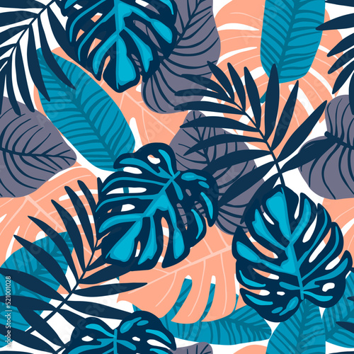 Seamless tropical pattern with exotic leaves.Vector illustration