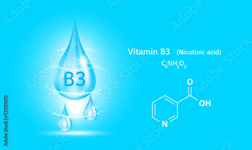Icon structure vitamin B3 drop water collagen blue. 3D Realistic Vector. Medical and scientific concepts. Beauty treatment nutrition skin care design. Solution complex with Chemical formula nature.