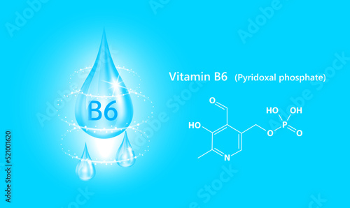 Icon structure vitamin B6 drop water collagen blue. 3D Realistic Vector. Medical and scientific concepts. Beauty treatment nutrition skin care design. Solution complex with Chemical formula nature.