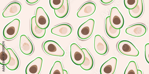 Cute green avocados on a light pibk background. Trendy avocado pattern design for wallpapers, print, fabric and stationery design. Green avocados sticker pattern. Illustrated vector fruit.