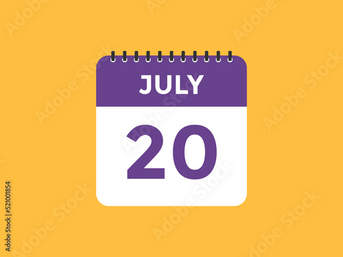 july 20 Calendar icon Design. Calendar Date 20th july. Calendar template 