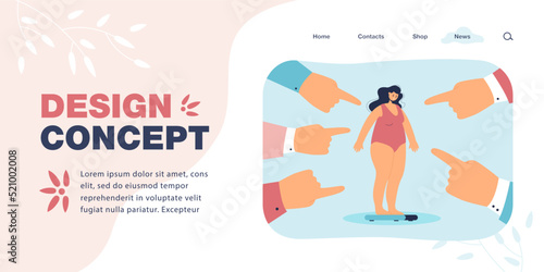 Huge fingers pointing at fat woman flat vector illustration. Society blaming and bullying depressed obese girl. Obesity, social pressure concept for banner, website design or landing web page