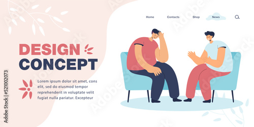 Sad client talking to psychologist during therapy session. Man comforting friend flat vector illustration. Psychology, support, mental health concept for banner, website design or landing web page