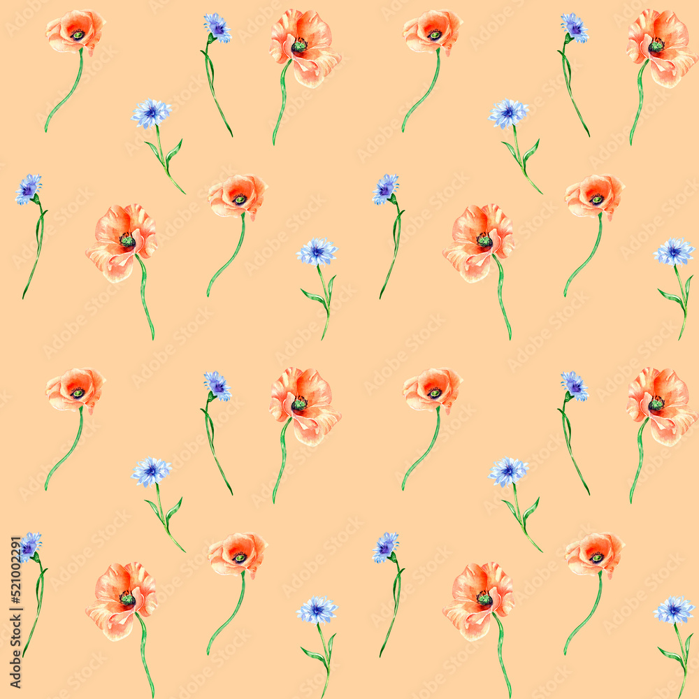 Fototapeta premium Meadow blue, red flowers watercolor illustration seamless pattern on coral.