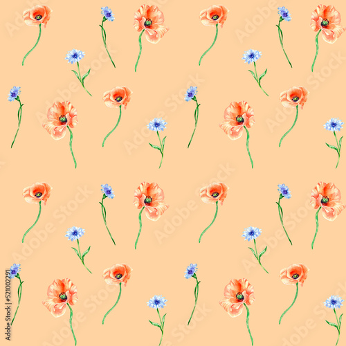 Meadow blue, red flowers watercolor illustration seamless pattern on coral.