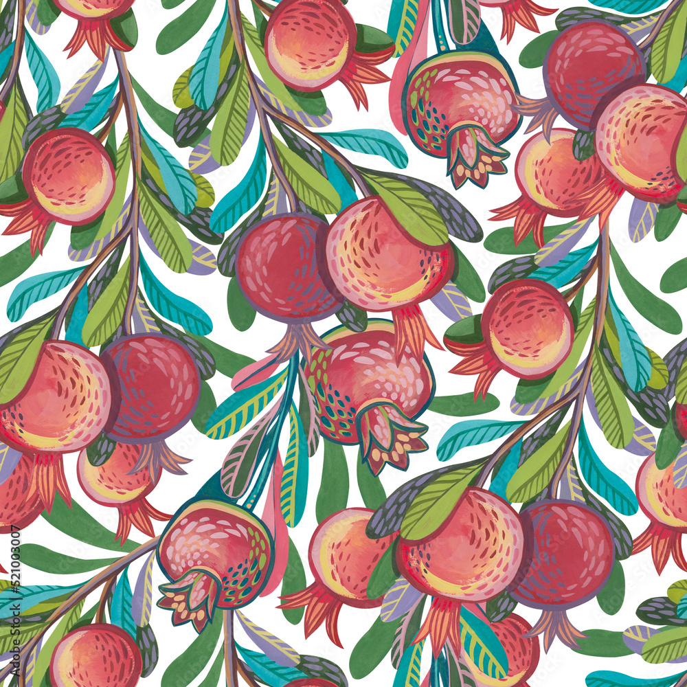 custom made wallpaper toronto digitalSeamless pattern with stylized decorative branches with hand-drawn gouache pomegranates.