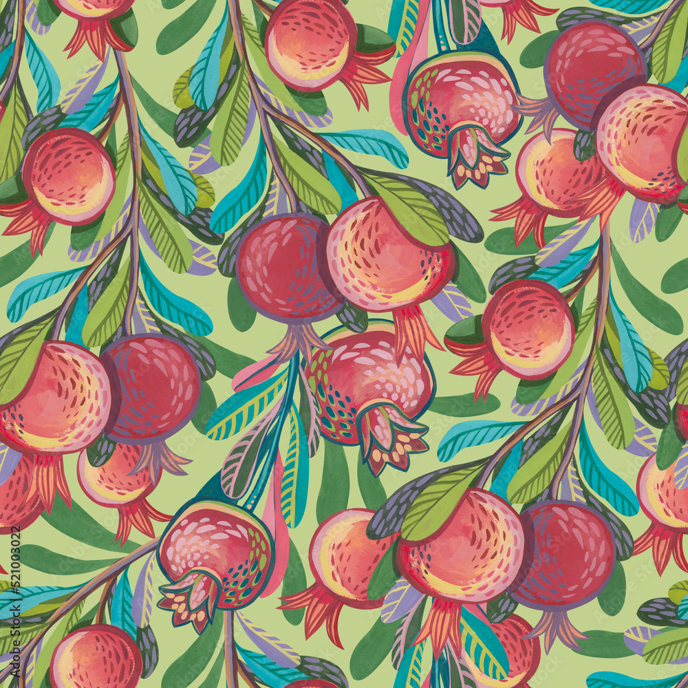custom made wallpaper toronto digitalSeamless pattern with stylized decorative branches with hand-drawn gouache pomegranates.