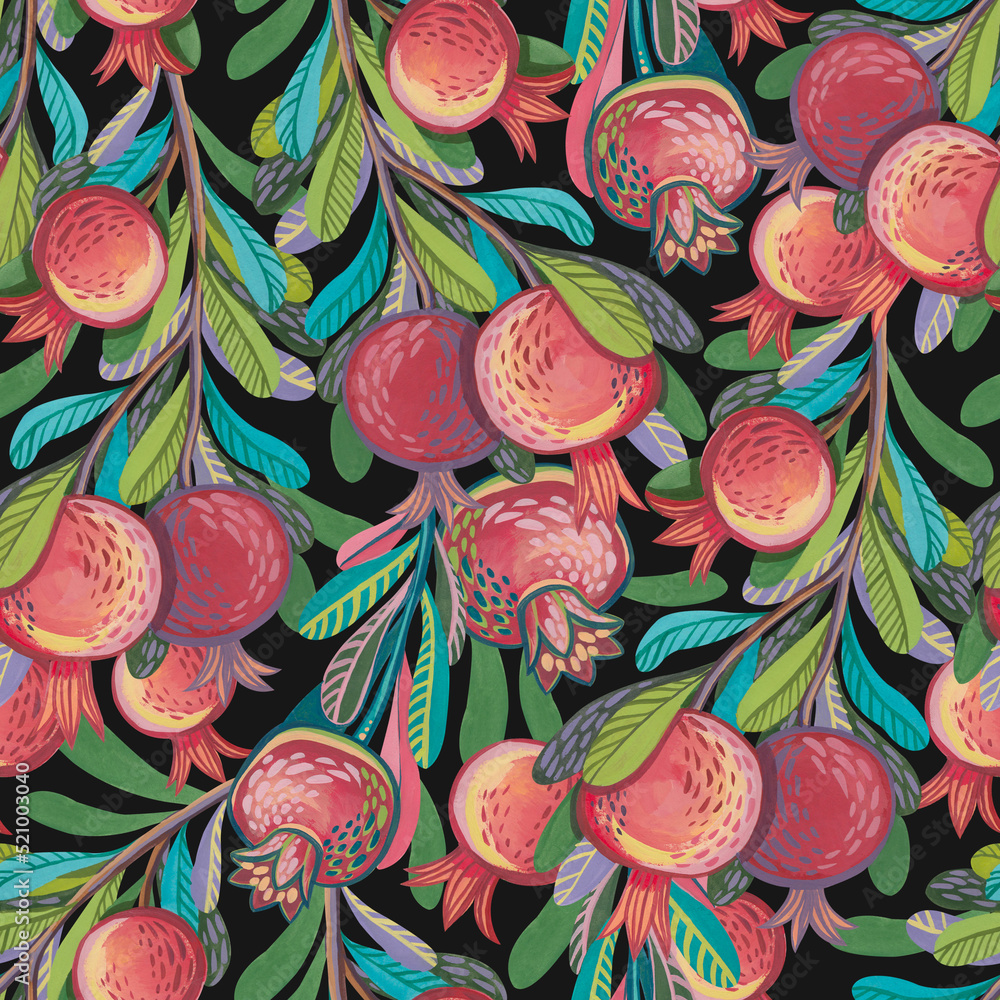 custom made wallpaper toronto digitalSeamless pattern with stylized decorative branches with hand-drawn gouache pomegranates.