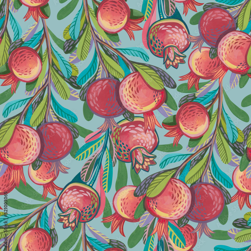 custom made wallpaper toronto digitalSeamless pattern with stylized decorative branches with hand-drawn gouache pomegranates.